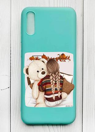 Матовый бирюзовый чехол на xiaomi redmi 9а :: девочка с мишкой (принт 117)