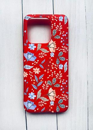 Матовый чехол на xiaomi redmi 12c красный :: цветочный фон (принт 371)
