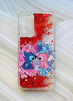 Чехол с плавающими блестками на samsung galaxy a24 (a245) красный стич и ангел (принт 391)