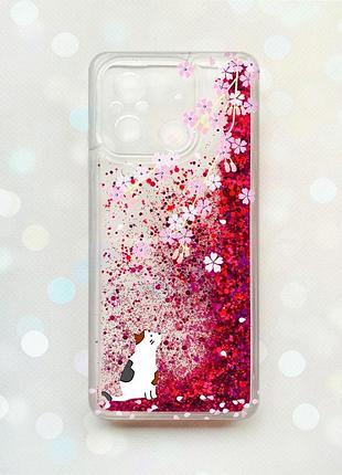 Чохол з плаваючими блискітками на xiaomi redmi 12c рожевий :: котик і сакура (принт 283)