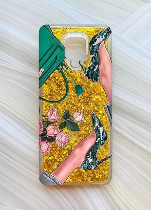 Чехол с плавающими блестками для xiaomi redmi note 9 pro/9 pro max/9s золотой туфельки и цветы (принт 225)