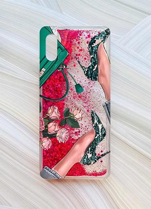 Чехол с плавающими блестками для xiaomi redmi 9a розовый туфельки и цветы (принт 225)