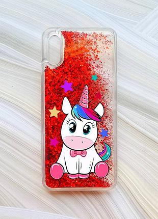 Чехол с плавающими блестками на xiaomi redmi 9a красный единорог (принт 102)