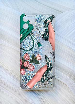 Чехол с плавающими блестками для samsung galaxy a05 (a055) серебристый туфельки и цветы (принт 225)