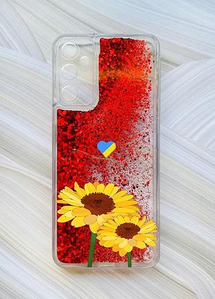Чехол с плавающими блестками на samsung galaxy a05s (a057) красный :: желтые цветы (принт 364)