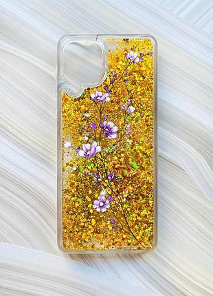 Чехол с плавающими блестками на samsung galaxy a22 4g/m22/m32 золотой веточка цветов (принт 278)