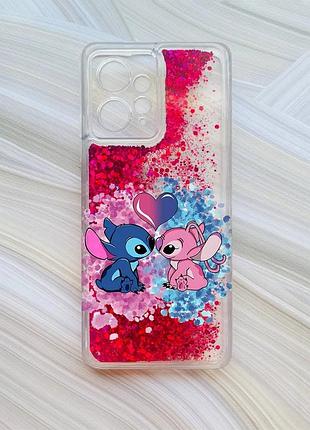Чехол с плавающими розовыми блестками на xiaomi redmi note 12 4g стич и ангел (принт 391)