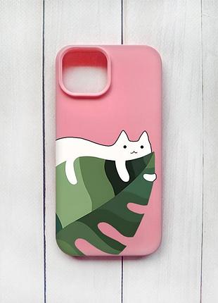 Матовый чехол на iphone 15 розовый кот на листе (принт 367)