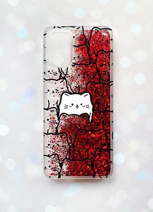 Чохол з плаваючими блискітками для samsung galaxy a03s (a037) червоний котики (принт 392)