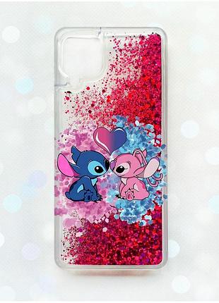 Чохол з плаваючими блискітками samsung galaxy a12 рожевий стіч і ангел (принт 391)