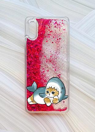 Чехол с плавающими блестками на xiaomi redmi 9a розовый :: котенок акула (принт 355)