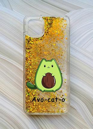 Чохол з плаваючими блискітками на samsung galaxy a04 золотий котик авокадо (принт 306)