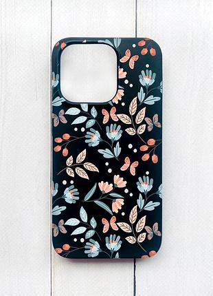 Матовий чохол на iphone 15 pro чорний :: квітковий фон (принт 370)