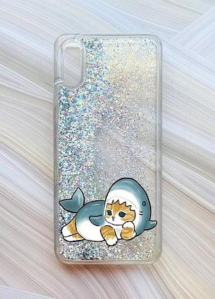 Чехол с плавающими блестками на xiaomi redmi 9a серебристый :: котенок акула (принт 355)
