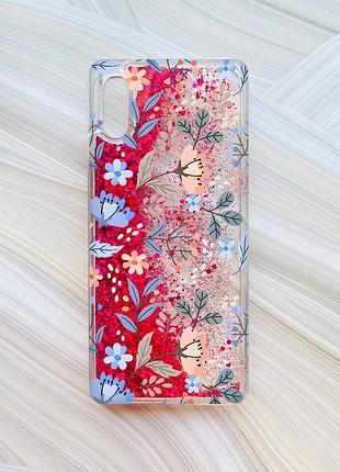 Чехол с плавающими блестками на xiaomi redmi 9a розовый :: цветочный фон (принт 371)
