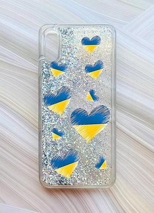Чехол с плавающими блестками на xiaomi redmi 9a серебристый сердечка. украина (принт 258)