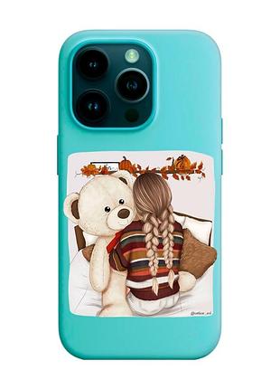 Матовый бирюзовый чехол на apple iphone 14 pro :: девочка с мишкой (принт 117)