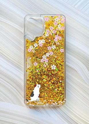 Чехол с плавающими блестками на samsung galaxy a22 4g/m22/m32 золотой котик и сакура (принт 283)