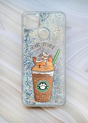 Чехол с плавающими блестками на xiaomi redmi 9c / 10a серебро капучино котик (принт 97)