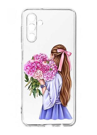 Прозорий чохол на samsung galaxy s24 fe дівчина з півоніями (принт 11)