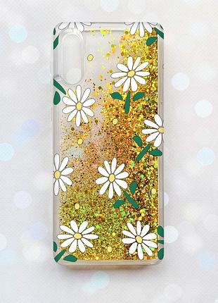 Чехол с плавающими блестками на samsung galaxy a02/a022 (2021) золотой :: ромашки (принт 368)