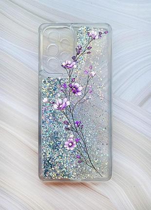 Чехол с плавающими блестками на samsung galaxy a53 4g/a53 5g серебристый веточка цветов (принт 278)