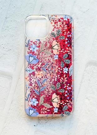 Чохол із плаваючими блискітками на iphone 14 рожевий :: квітковий фон (принт 371)