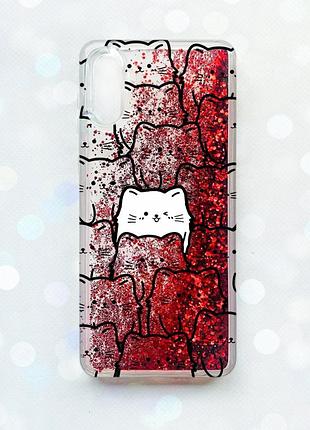 Чехол с плавающими блестками на samsung galaxy a02 / a022 (2021) красный котики (принт 392)