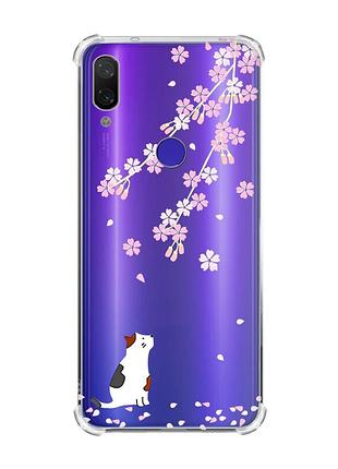 Чохол з потовщеними кутами на xiaomi redmi note 7/7 pro :: котик і сакура /принт 283/