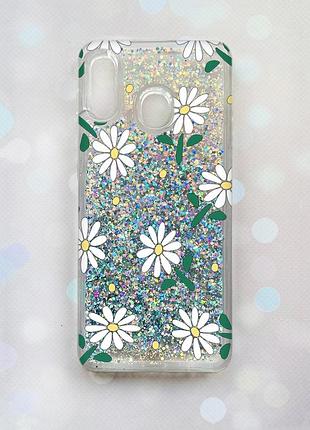 Чохол з плаваючими срібними блискітками на samsung galaxy a30(2019) a305/a20 ромашки (принт 368)