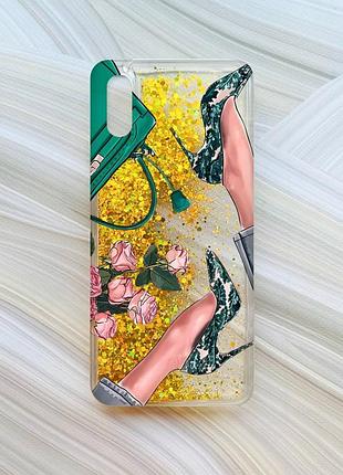 Чехол с плавающими блестками для xiaomi redmi 9a золотой туфельки и цветы (принт 225)