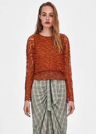 Рыжая кружевная блузка zara trafaluc. длинный рукав. размер м