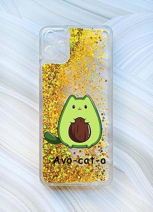 Чехол с плавающими блестками на samsung galaxy a05 (a055) золотой котик авокадо (принт 306)
