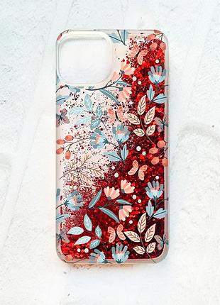 Чохол із плаваючими блискітками на iphone 13 червоний :: квітковий фон (принт 370)