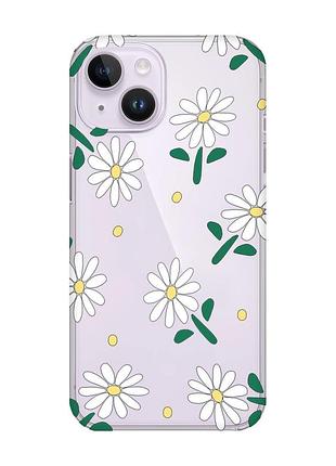 Прозрачный чехол с защитой камеры на iphone 14 :: ромашки (принт 368)