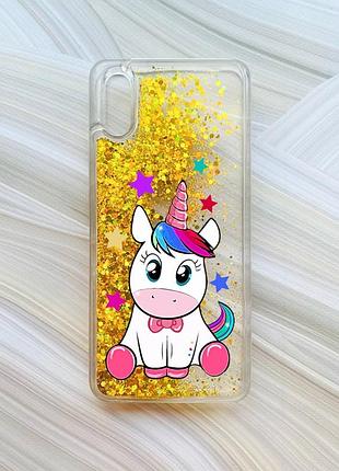 Чехол с плавающими блестками на xiaomi redmi 9a золотой единорог (принт 102)