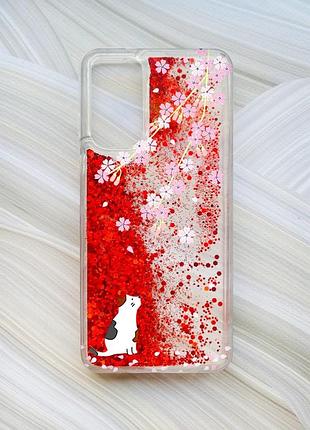Чехол с плавающими красными блестками на xiaomi redmi note 11 котик и сакура (принт 283)