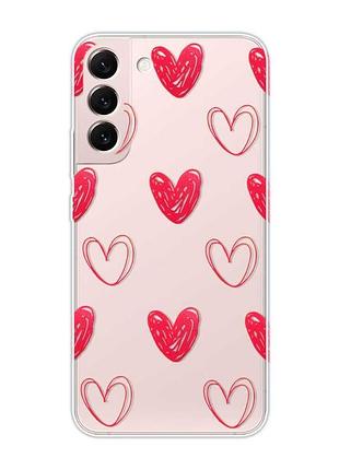 Прозрачный чехол на samsung galaxy s22 :: сердечка красные (принт 77)