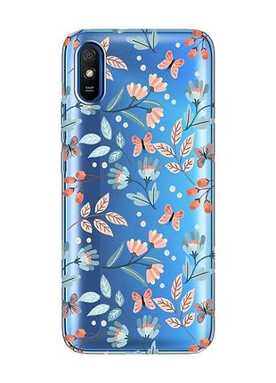 Прозрачный чехол на xiaomi redmi 9a :: цветочный фон (принт 370)