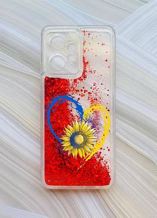 Чехол с плавающими красными блестками на xiaomi redmi note 12 4g сердце и подсолнух (принт 260)