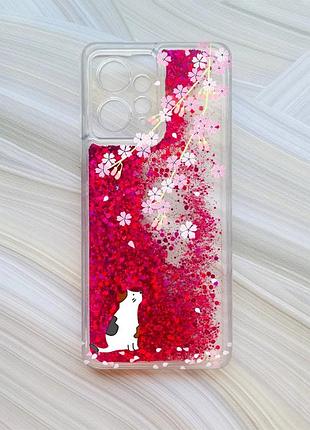 Чехол с плавающими розовыми блестками на xiaomi redmi note 12 4g котик и сакура (принт 283)