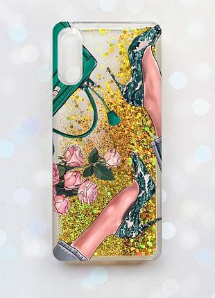 Чехол с плавающими блестками на samsung galaxy a02 / a022 (2021) золотой :: туфельки и цветы (принт 225)