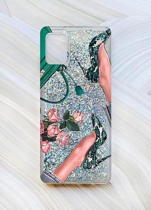 Чехол с плавающими блестками для samsung galaxy a31 серебристый туфельки и цветы (принт 225)