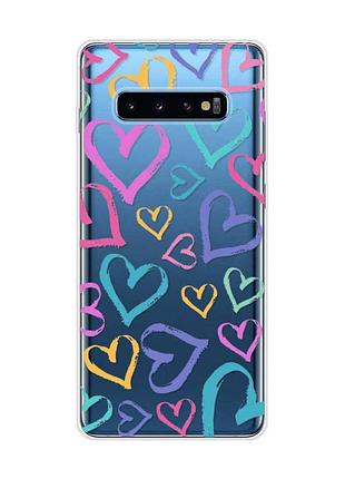 Прозрачный чехол на samsung galaxy s10 plus :: разноцветные сердечка (принт 332)