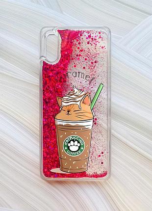 Чехол с плавающими блестками на xiaomi redmi 9a розовый капучино котик (принт 97)