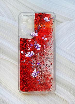Чохол з плаваючими блискітками на samsung galaxy a05s (a057) червоний гілочка квітів (принт 278)