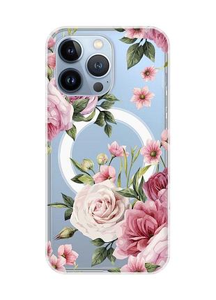 Магнітний чохол на iphone 13 pro (6.1) із підтримкою magsafe :: рожеві квіти (принт 287)