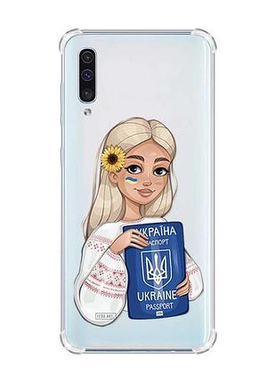 Чехол с утолщёнными углами на samsung galaxy а50 (2019) а505 :: девушка с паспортом (принт 13)