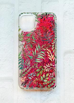 Чехол с плавающими блестками на iphone 11 розовый :: растительный фон (принт 377)