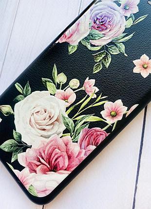 Чохол-книжка з малюнком для xiaomi redmi note 9 pro/9s/9 pro max чорний :: рожеві квіти (принт 287) 3